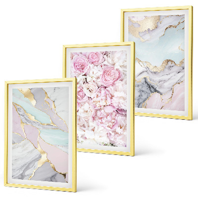 Three-piece wall art piece Pink flowers marble pastel