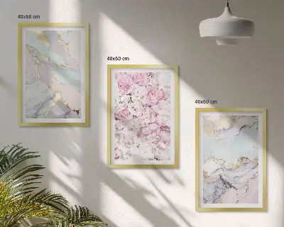 Three-piece pink flower wall art pastel marble design