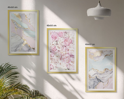 Three-piece wall art piece Pink flowers marble pastel