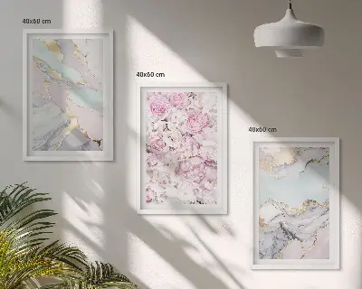 Three-piece pink flower wall art pastel marble design