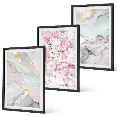 Three-piece pink flower wall art pastel marble design