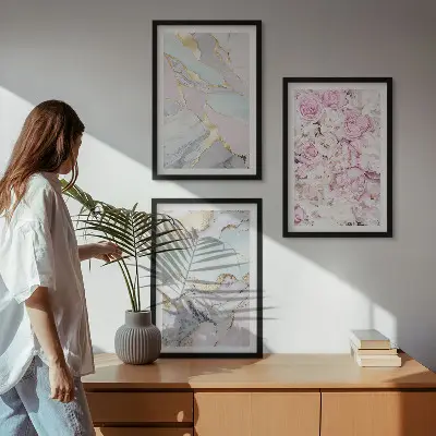 Three-piece pink flower wall art pastel marble design