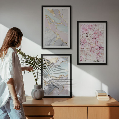 Three-piece wall art piece Pink flowers marble pastel