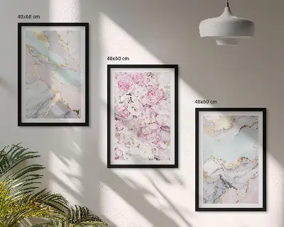 Three-piece pink flower wall art pastel marble design