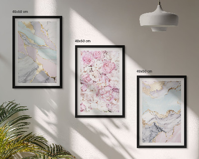 Three-piece wall art piece Pink flowers marble pastel