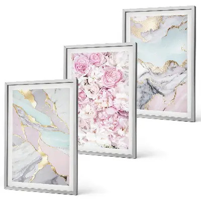 Three-piece pink flower wall art pastel marble design