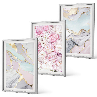 Three-piece wall art piece Pink flowers marble pastel