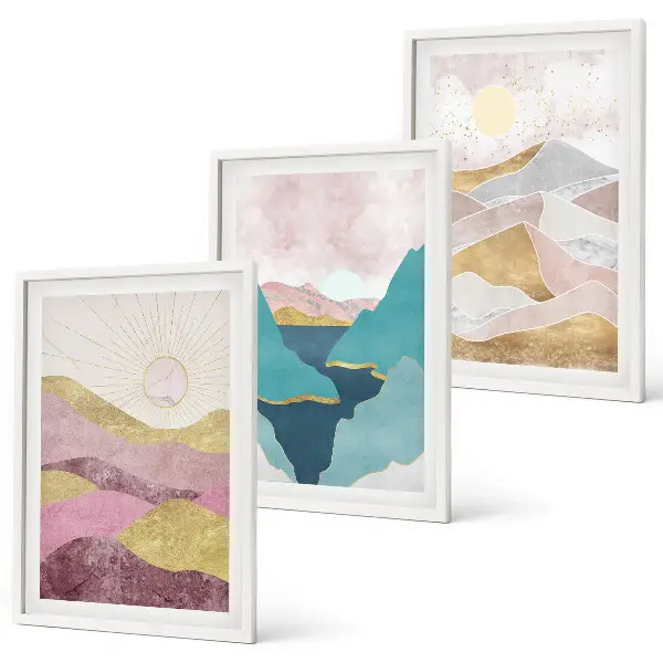 Abstract mountains and sun wall art set of 3 framed pieces