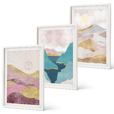 Set of 3 framed wall art pieces Abstract mountains sun