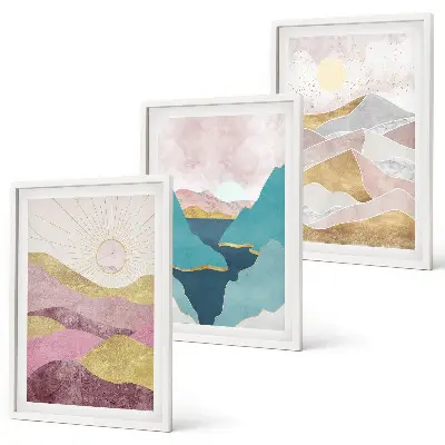 Abstract mountains and sun wall art set of 3 framed pieces
