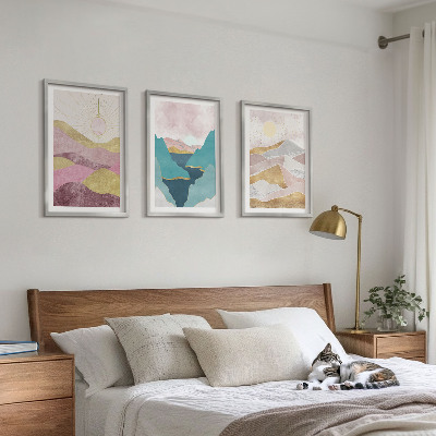 Set of 3 framed wall art pieces Abstract mountains sun