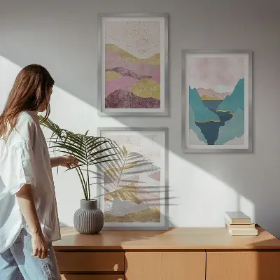 Abstract mountains and sun wall art set of 3 framed pieces