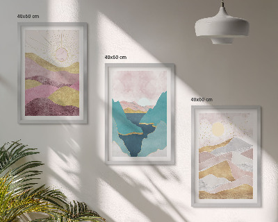 Set of 3 framed wall art pieces Abstract mountains sun