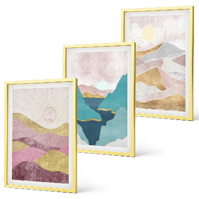 Set of 3 framed wall art pieces Abstract mountains sun