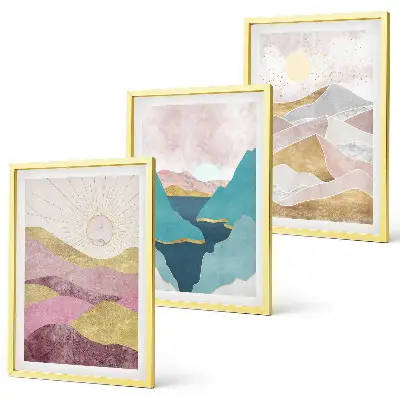 Abstract mountains and sun wall art set of 3 framed pieces