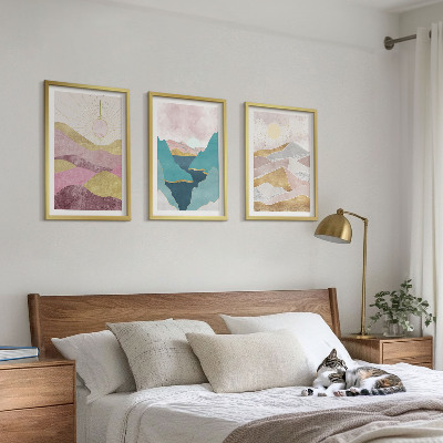 Set of 3 framed wall art pieces Abstract mountains sun