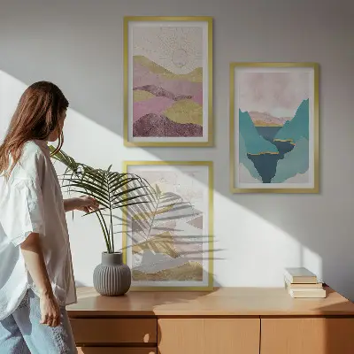 Abstract mountains and sun wall art set of 3 framed pieces