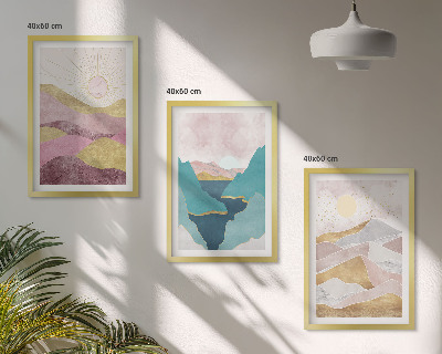 Set of 3 framed wall art pieces Abstract mountains sun