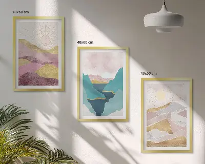 Abstract mountains and sun wall art set of 3 framed pieces
