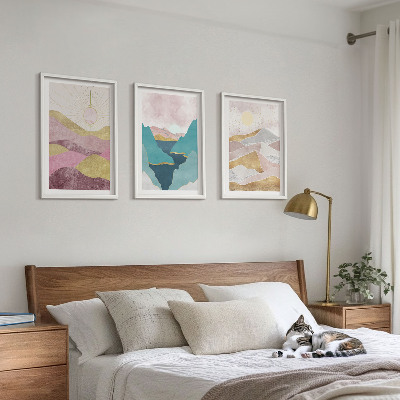 Set of 3 framed wall art pieces Abstract mountains sun