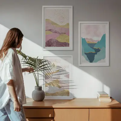 Abstract mountains and sun wall art set of 3 framed pieces