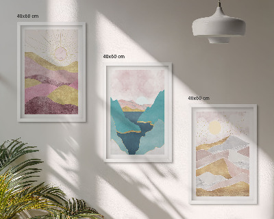 Set of 3 framed wall art pieces Abstract mountains sun