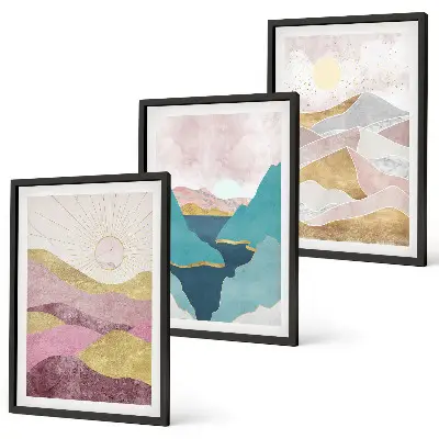 Abstract mountains and sun wall art set of 3 framed pieces