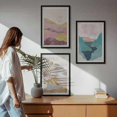 Set of 3 framed wall art pieces Abstract mountains sun