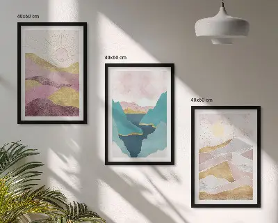 Abstract mountains and sun wall art set of 3 framed pieces