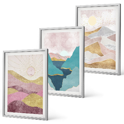 Set of 3 framed wall art pieces Abstract mountains sun
