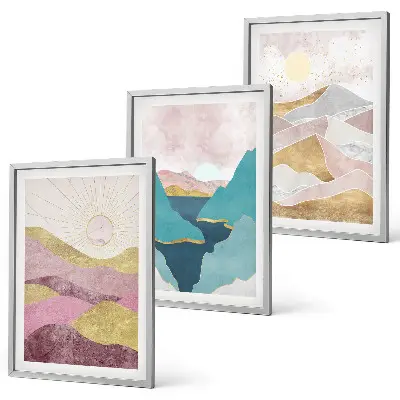 Abstract mountains and sun wall art set of 3 framed pieces