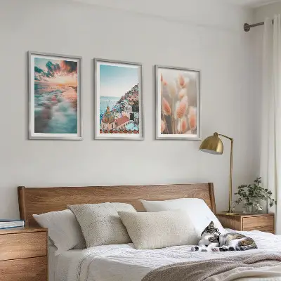 Wall art set sea sunset with houses and flowers