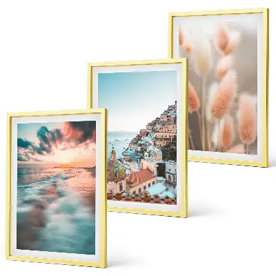 Wall art set sea sunset with houses and flowers
