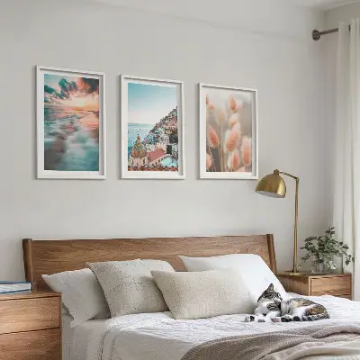Wall art set sea sunset with houses and flowers
