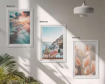 Wall art set sea sunset with houses and flowers