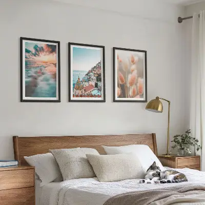 Wall art set sea sunset with houses and flowers