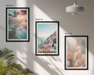 Wall art set sea sunset with houses and flowers
