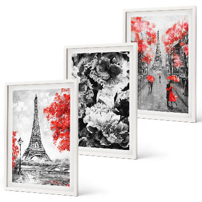 Set of 3 framed wall art pieces Eiffel Tower gray paintings