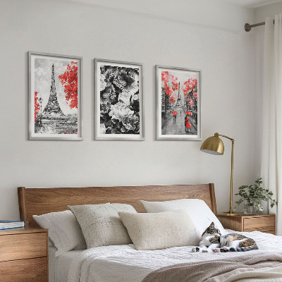 Set of 3 framed wall art pieces Eiffel Tower gray paintings