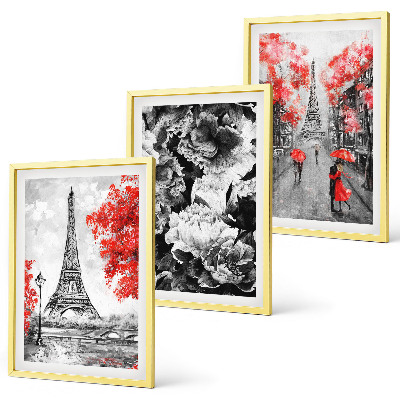 Set of 3 framed wall art pieces Eiffel Tower gray paintings