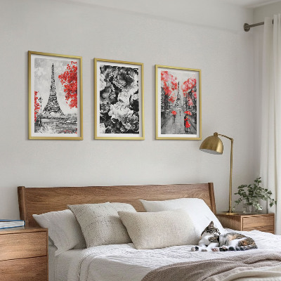 Set of 3 framed wall art pieces Eiffel Tower gray paintings