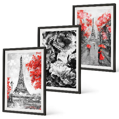 Set of 3 framed wall art pieces Eiffel Tower gray paintings