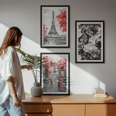 Set of 3 framed wall art pieces Eiffel Tower gray paintings