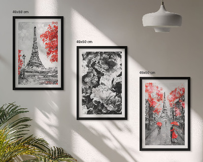 Set of 3 framed wall art pieces Eiffel Tower gray paintings