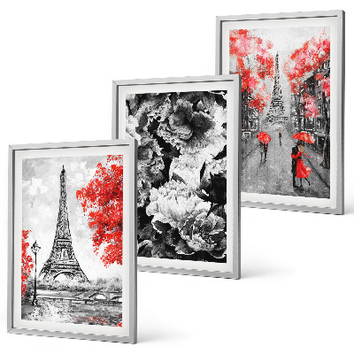 Set of 3 framed wall art pieces Eiffel Tower gray paintings