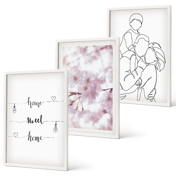 Set of 3 framed wall art pieces Flowers family minimalist