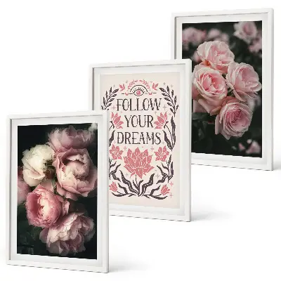 Wall art set with vintage roses and dreams inscription