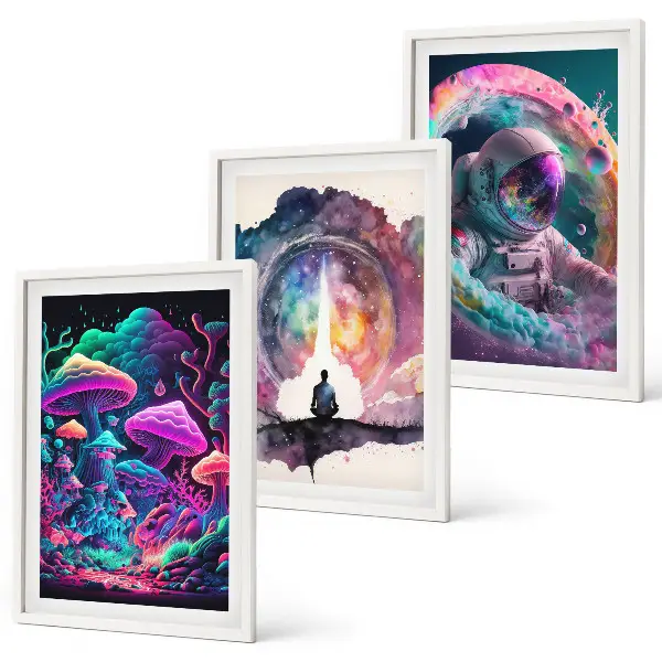 Three-piece fantasy wall art set colorful illustrations