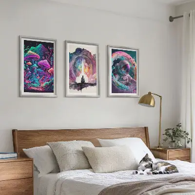 Three-piece fantasy wall art set colorful illustrations