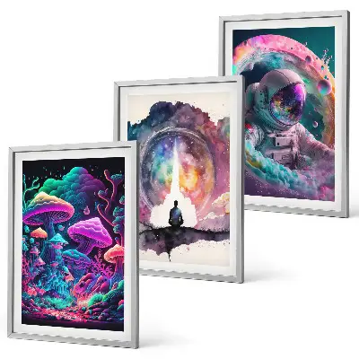 Three-piece fantasy wall art set colorful illustrations